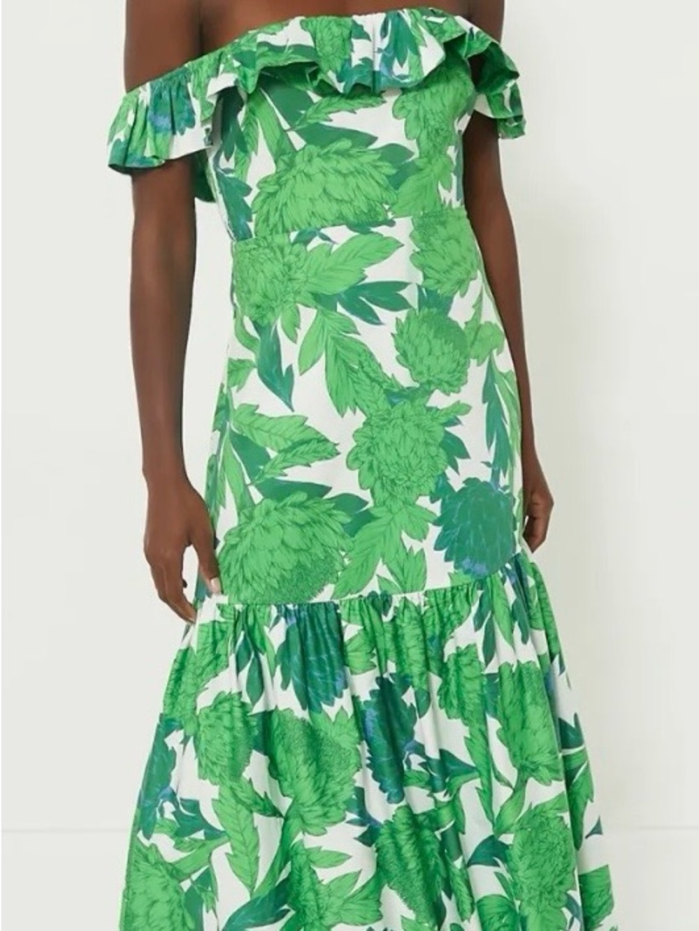 Hyacinth House Giselle Off-Shoulder Green Floral Maxi Dress with Ruffle Trim